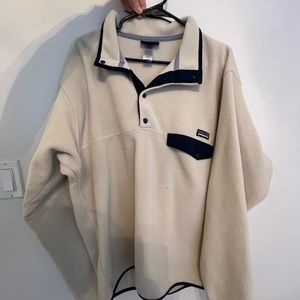 Patagonia, cream/navy colored, men’s synchilla jacket